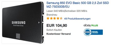 Samsung 850 EVO Basic 500 GB 2,5 Zoll SSD Festplatte - jetzt 12% billiger