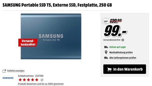 SAMSUNG Portable SSD T5, Externe SSD, Festplatte, 250 GB - jetzt 13% billiger SAMSUNG Portable SSD T5, Externe SSD, Festplatte, 250 GB - jetzt 13% billiger