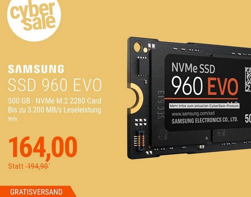 Samsung SSD 960 EVO Series NVMe 500GB TLC - M.2 2280 - jetzt 15% billiger