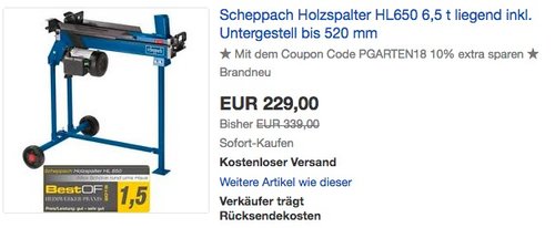 Scheppach Holzspalter HL650 6,5 t liegend inkl. Untergestell - jetzt 18% billiger