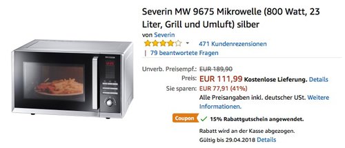 Severin MW 9675 Mikrowelle - jetzt 15% billiger Severin MW 9675 Mikrowelle - jetzt 15% billiger