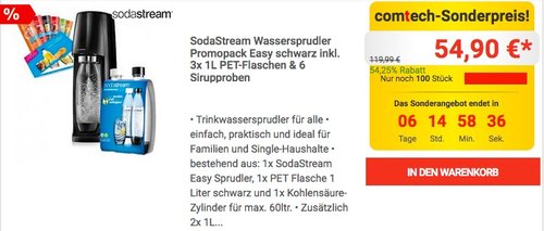 SodaStream Wassersprudler Promopack Easy schwarz inkl. 3x 1L PET-Flaschen & 6 Sirupproben - jetzt 13% billiger