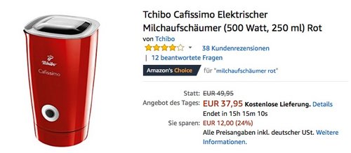 Tchibo Cafissimo Elektrischer Milchaufschäumer (500 Watt, 250 ml) Rot - jetzt 24% billiger Tchibo Cafissimo Elektrischer Milchaufschäumer (500 Watt, 250 ml) Rot - jetzt 24% billiger
