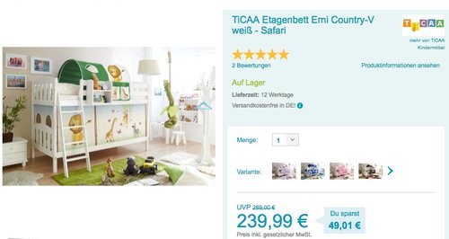 TICAA Etagenbett "Erni" Country-V - jetzt 14% billiger TICAA Etagenbett "Erni" Country-V - jetzt 14% billiger
