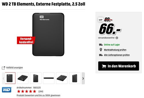 WD 2 TB Elements, Externe Festplatte, 2.5 Zoll - jetzt 12% billiger