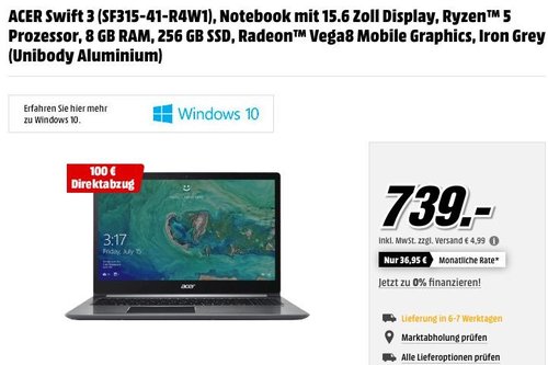 ACER Swift 3 (SF315-41-R4W1), Notebook mit 15.6 Zoll Display, Ryzen 5 Prozessor, 8 GB RAM, 256 GB SSD - jetzt 14% billiger