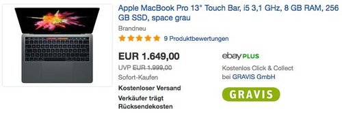 Apple MacBook Pro 13" Touch Bar, i5 3,1 GHz, 8 GB RAM, 256 GB SSD in Space Grau - jetzt 3% billiger