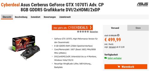 Asus Cerberus GeForce GTX 1070Ti 8GB GDDR5 Grafikkarte DVI/2xHDMI/2xDP - jetzt 5% billiger