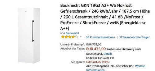 Bauknecht GKN 19G3 A2+ WS NoFrost Gefrierschrank - jetzt 14% billiger
