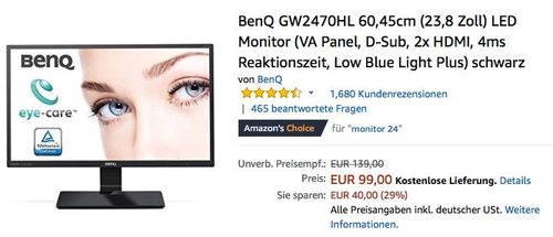 BenQ GW2470HL 60,45cm (23,8 Zoll) LED Monitor - jetzt 20% billiger BenQ GW2470HL 60,45cm (23,8 Zoll) LED Monitor - jetzt 20% billiger