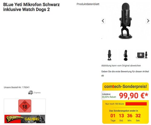 BLue Yeti Mikrofon Schwarz inklusive Watch Dogs 2 - jetzt 33% billiger