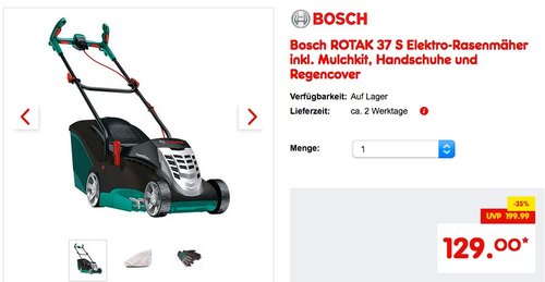 Bosch ROTAK 37 S Elektro-Rasenmäher inkl. Mulchkit, Handschuhe und Regencover - jetzt 19% billiger Bosch ROTAK 37 S Elektro-Rasenmäher inkl. Mulchkit, Handschuhe und Regencover - jetzt 19% billiger