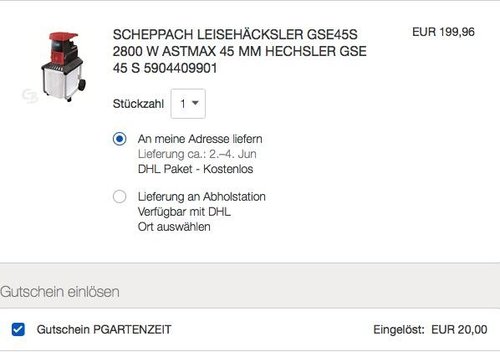 eBay 10% Gutschein auf Garten- & Heimwerkerartikeln: Scheppach Leisehäcksler GSE45S, 2800 W - jetzt 10% billiger