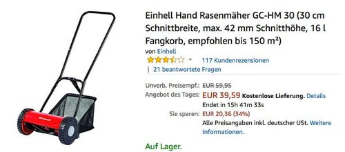 Einhell Hand Rasenmäher GC-HM 30 - jetzt 20% billiger