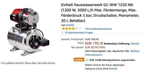 Einhell Hauswasserwerk GC-WW 1250 NN - jetzt 5% billiger