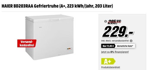 HAIER BD203RAA Gefriertruhe (A+, 223 kWh/Jahr, 203 Liter) - jetzt 20% billiger