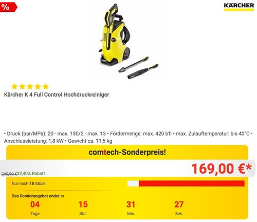 Kärcher K 4 Full Control Hochdruckreiniger - jetzt 12% billiger Kärcher K 4 Full Control Hochdruckreiniger - jetzt 12% billiger