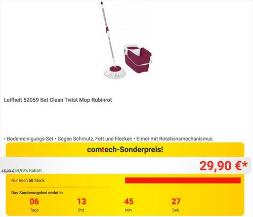 Leifheit 52059 Set Clean Twist Mop Rubinrot - jetzt 33% billiger Leifheit 52059 Set Clean Twist Mop Rubinrot - jetzt 33% billiger