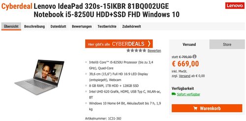 Lenovo IdeaPad 320s-15IKBR Notebook i5-8250U HDD+SSD FHD Windows 10 - jetzt 12% billiger Lenovo IdeaPad 320s-15IKBR Notebook i5-8250U HDD+SSD FHD Windows 10 - jetzt 12% billiger