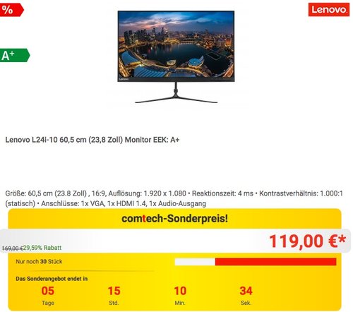 Lenovo L24i-10 60,5 cm (23,8 Zoll) Monitor - jetzt 14% billiger