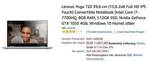 Lenovo Yoga 720 39,6 cm (15,6 Zoll Full HD IPS Touch) Convertible Notebook (Intel Core i7-7700HQ, 8GB RAM, 512GB SSD, Nvidia GeForce GTX 1050 4GB, Windows 10 Home) silber - jetzt 27% billiger Lenovo Yoga 720 39,6 cm (15,6 Zoll Full HD IPS Touch) Convertible Notebook (Intel Core i7-7700HQ, 8GB RAM, 512GB SSD, Nvidia GeForce GTX 1050 4GB, Windows 10 Home) silber - jetzt 27% billiger