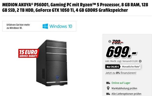 MEDION AKOYA® P56001, Gaming PC mit Ryzen 5 Prozessor, 8 GB RAM, 128 GB SSD, 2 TB HDD, GeForce GTX 1050 Ti, 4 GB GDDR5 Grafikspeicher - jetzt 13% billiger MEDION AKOYA® P56001, Gaming PC mit Ryzen 5 Prozessor, 8 GB RAM, 128 GB SSD, 2 TB HDD, GeForce GTX 1050 Ti, 4 GB GDDR5 Grafikspeicher - jetzt 13% billiger