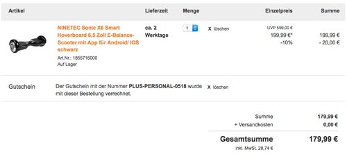 NINETEC Sonic X6 Smart Hoverboard 6,5 Zoll E-Balance-Scooter mit App für Android/ IOS - jetzt 28% billiger