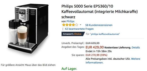 Philips 5000 Serie EP5360/10 Kaffeevollautomat (integrierte Milchkaraffe) schwarz - jetzt 10% billiger