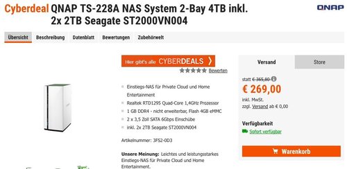 QNAP TS-228A NAS System 2-Bay 4TB inkl. 2x 2TB Seagate - jetzt 17% billiger QNAP TS-228A NAS System 2-Bay 4TB inkl. 2x 2TB Seagate - jetzt 17% billiger