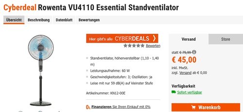 Rowenta VU4110 Essential Standventilator - jetzt 25% billiger Rowenta VU4110 Essential Standventilator - jetzt 25% billiger
