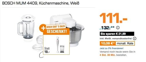 Saturn Geschenk-Aktion: BOSCH MUM 4409 Küchenmaschine + BOSCH MSM6B150 Stabmixer, 300 Watt - jetzt 15% billiger