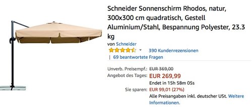 Schneider Sonnenschirm Rhodos, 300x300 cm quadratisch - jetzt 23% billiger