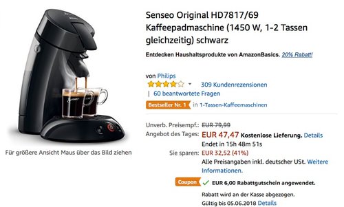 Senseo Original HD7817/69 Kaffeepadmaschine schwarz - jetzt 30% billiger