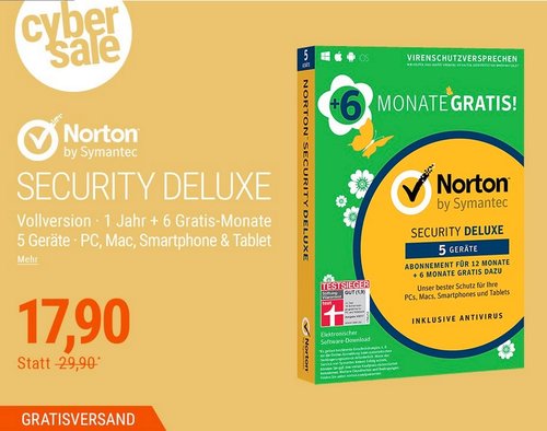 Symantec Norton Security 3.0 5 Geräte Deluxe 12 + 6 Monate GRATIS - jetzt 36% billiger Symantec Norton Security 3.0 5 Geräte Deluxe 12 + 6 Monate GRATIS - jetzt 36% billiger