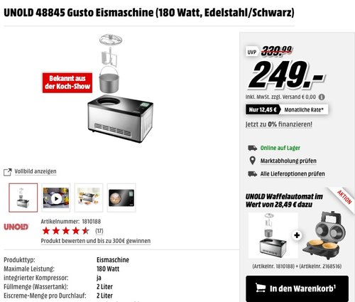 UNOLD 48845 Gusto Eismaschine + UNOLD 48315 Waffelautomat - jetzt 10% billiger UNOLD 48845 Gusto Eismaschine + UNOLD 48315 Waffelautomat - jetzt 10% billiger