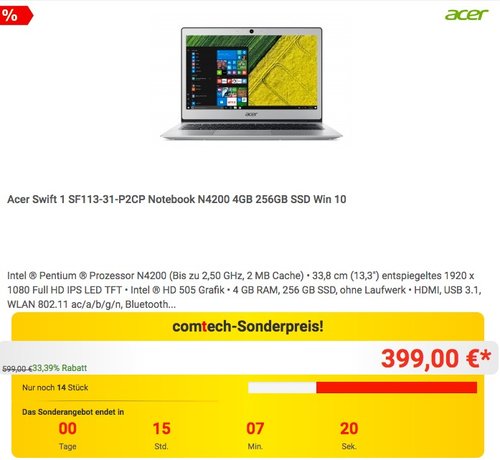 Acer Swift 1 SF113-31-P2CP Notebook N4200 4GB 256GB SSD Win 10 - jetzt 23% billiger