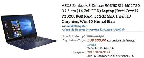 ASUS Zenbook 3 Deluxe  14 Zoll FHD Laptop (Intel Core i5-7200U, 8GB RAM, 512GB SSD, Intel HD Graphics, Win 10 Home) Blau - jetzt 33% billiger ASUS Zenbook 3 Deluxe  14 Zoll FHD Laptop (Intel Core i5-7200U, 8GB RAM, 512GB SSD, Intel HD Graphics, Win 10 Home) Blau - jetzt 33% billiger