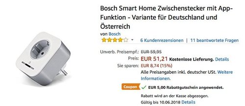 Bosch Smart Home Zwischenstecker mit App-Funktion - jetzt 10% billiger Bosch Smart Home Zwischenstecker mit App-Funktion - jetzt 10% billiger