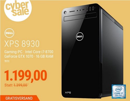 DELL XPS 8930 Gaming PC i7-8700 16GB 2TB 256GB SSD GTX 1070 Windows 10 - jetzt 14% billiger