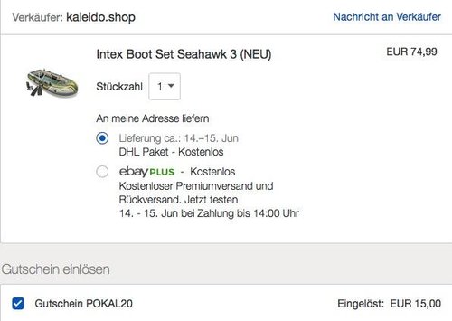 eBay 20% Rabatt auf ausgewählte Sport- & Mode-Artikel: Intex Boot Seahawk 3, grün, 295 x 137 x 43 cm - jetzt 20% billiger