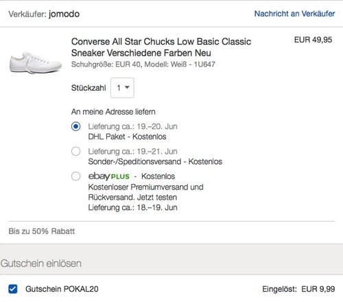 eBay 20% Rabatt auf ausgewählte Sport- & Mode-Artikel: z.B. Converse All Star Chucks Low Basic Classic Sneaker in verschieden Farben und Größen - jetzt 20% billiger
