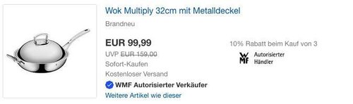 eBay WMF-Aktion: WMF Wok Multiply mit Metalldeckel 32 cm Edelstahl - jetzt 22% billiger