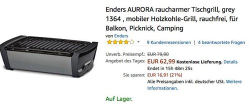 Enders AURORA raucharmer Tischgrill - jetzt 19% billiger Enders AURORA raucharmer Tischgrill - jetzt 19% billiger