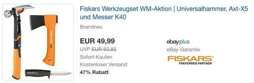 Fiskars Werkzeugset: Universalhammer, Axt-X5 und Messer K40 - jetzt 39% billiger Fiskars Werkzeugset: Universalhammer, Axt-X5 und Messer K40 - jetzt 39% billiger