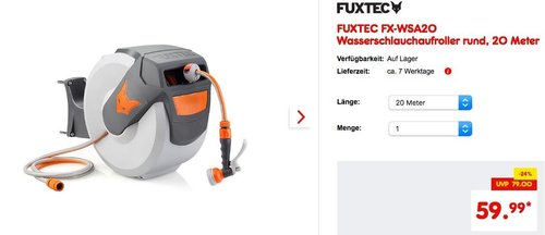 FUXTEC FX-WSA20 Wasserschlauchaufroller rund, 20 Meter - jetzt 24% billiger