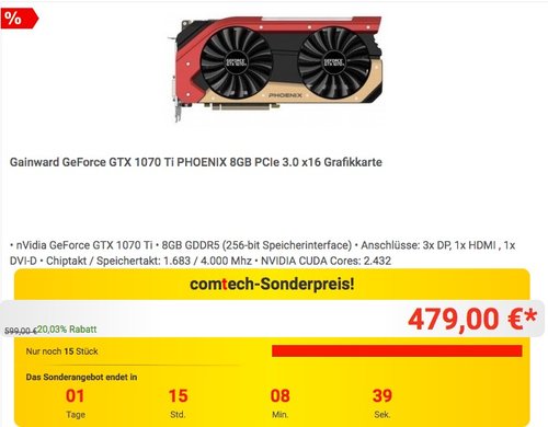 Gainward GeForce GTX 1070 Ti PHOENIX 8GB PCIe 3.0 x16 Grafikkarte - jetzt 10% billiger Gainward GeForce GTX 1070 Ti PHOENIX 8GB PCIe 3.0 x16 Grafikkarte - jetzt 10% billiger