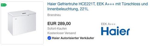 Haier Gefriertruhe HCE221T, EEK A+++ mit Türschloss und Innenbeleuchtung, 221L - jetzt 29% billiger