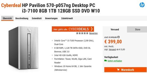 HP Pavilion 570-p057ng Desktop PC i3-7100 8GB 1TB 128GB SSD DVD Windows 10 - jetzt 11% billiger