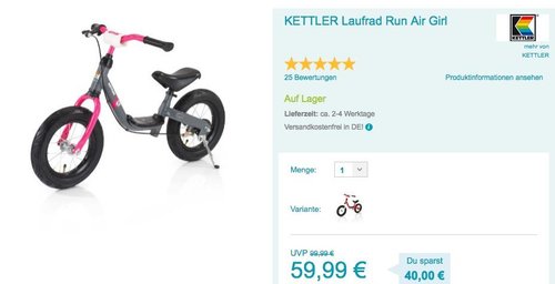 KETTLER Laufrad Run Air Girl - jetzt 24% billiger KETTLER Laufrad Run Air Girl - jetzt 24% billiger