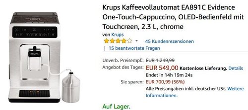 Krups Kaffeevollautomat EA891C Evidence - jetzt 13% billiger